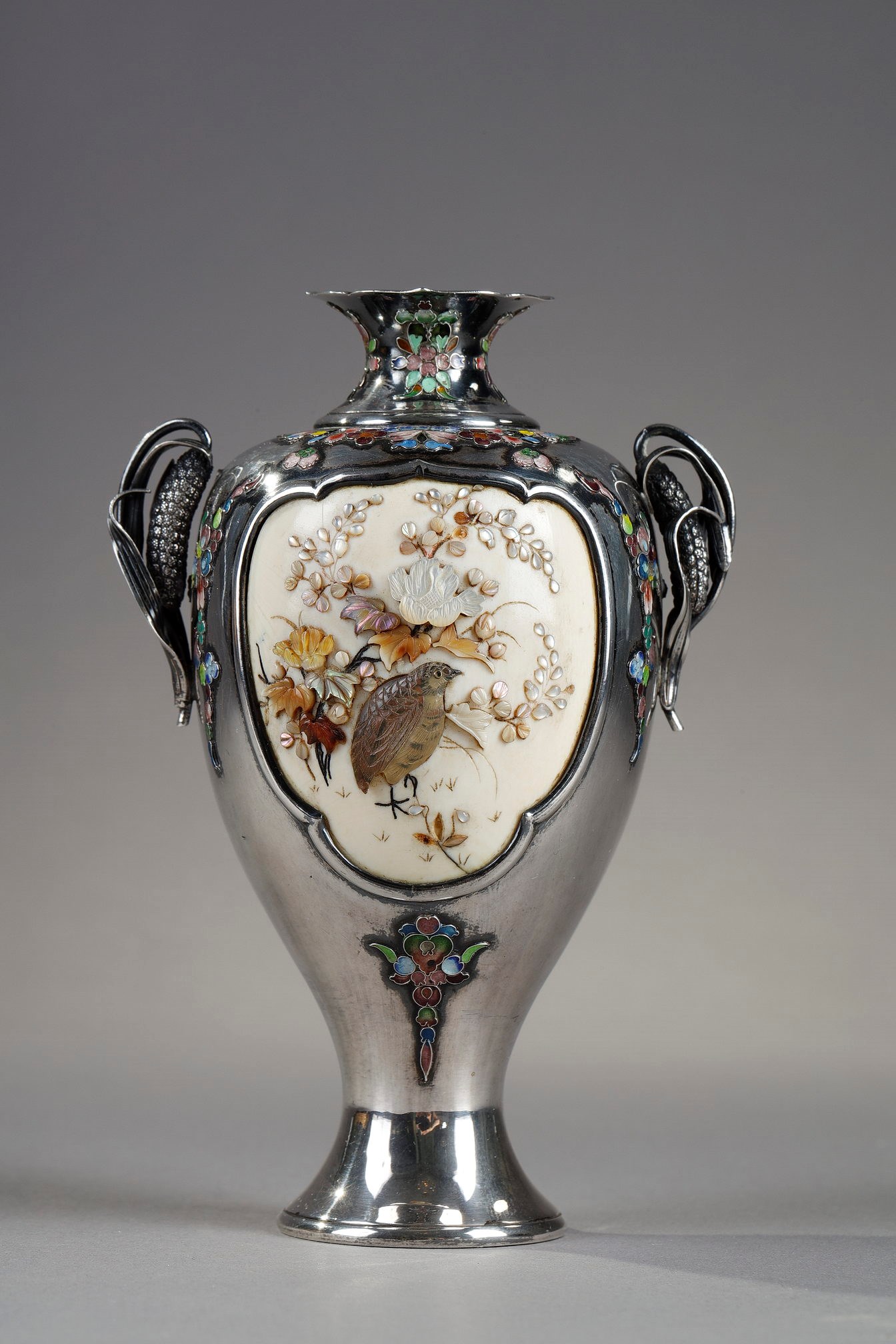 Late 19th  Shibayama silver vase,  Meiji Period